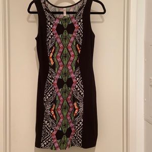 Stretchy black/fun print dress- MED